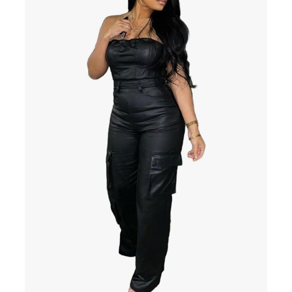 Sleek & SEXY Black Faux Leather Look Strapless Jumpsuit Romper Size XL